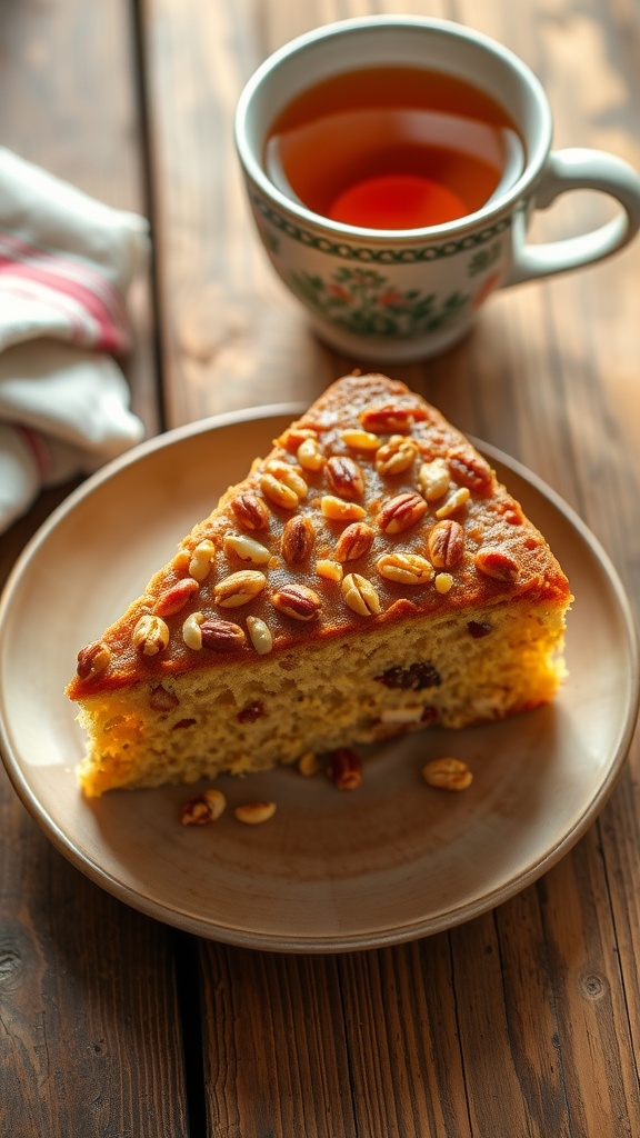 A slice of Baramulla style cake on a wooden table, topped with nuts and served with a cup of tea.